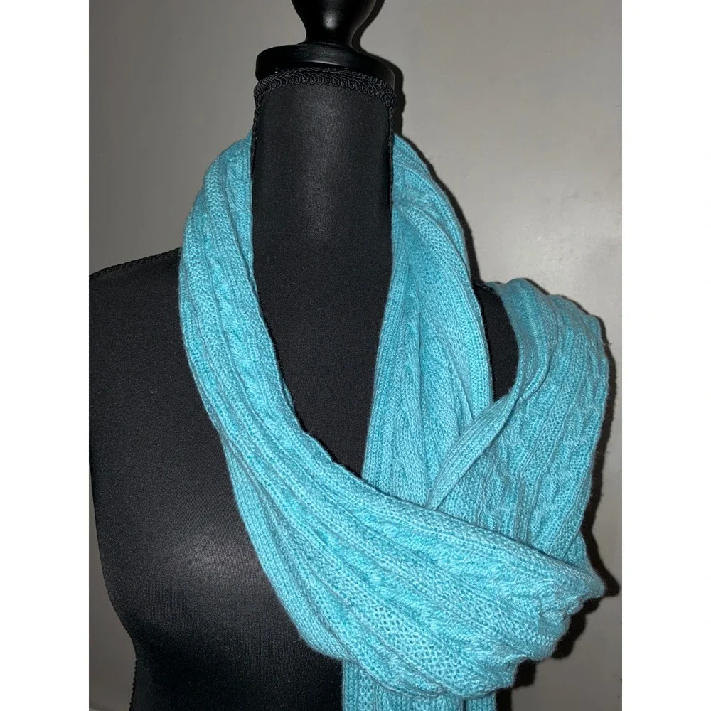 Talbots Cable Knit Scarf Women OS Turquoise Blue Extra Long Soft Cozy Winter